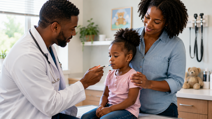 Pediatrician checking the temperature of a young child while her African American mother provides comfort during a pediatric office visit for a fever.